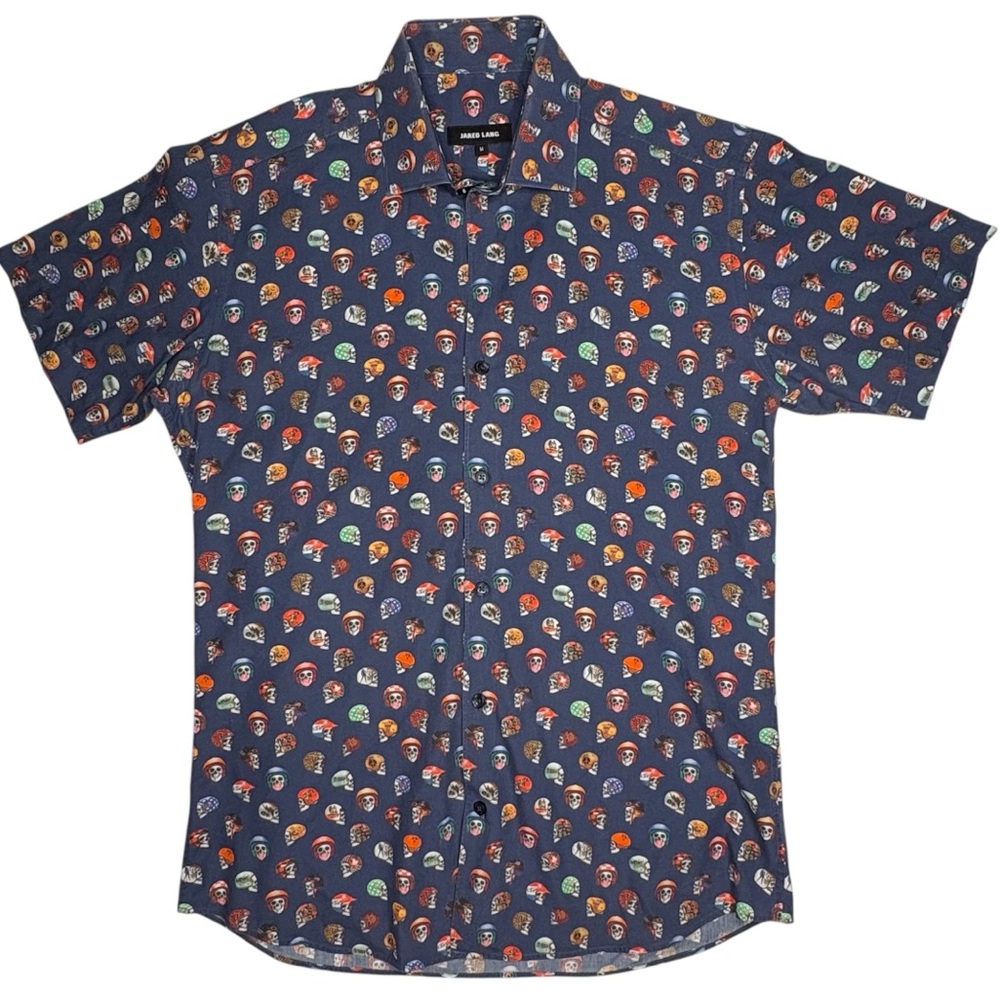 Jared Lang Men’s Skull w/Helmets Short Sleeve Button Up Collar Shirt Size Medium